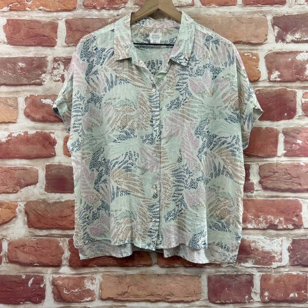 Sigrid Olsen Top Womens XL Multicolor 100% Linen Floral Abstract Button Up Shirt